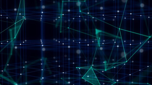 Abstract scifi cube with particle and line with digital indicators Technology network connection on world Global digital connections ai Wireframe cube Blockchain encryption 3D rendering