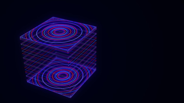 디지털 표시기가 있는 입자 및 선이 있는 추상 공상과학 큐브 세계의 기술 네트워크 연결 글로벌 디지털 연결 ai 와이어프레임 큐브 블록체인 암호화 3D 렌더링