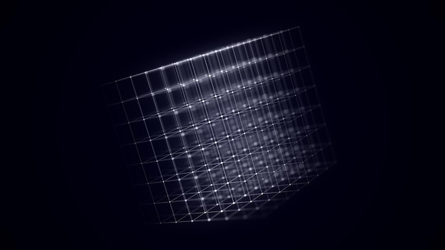 Abstract scifi cube with particle and line with digital indicators Technology network connection on world Global digital connections ai Wireframe cube Blockchain encryption 3D rendering