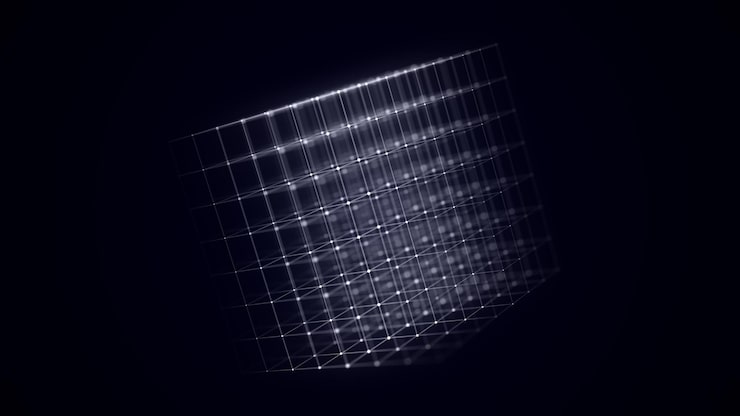 Photo abstract scifi cube with particle and line with digital indicators technology network connection on world global digital connections ai wireframe cube blockchain encryption 3d rendering