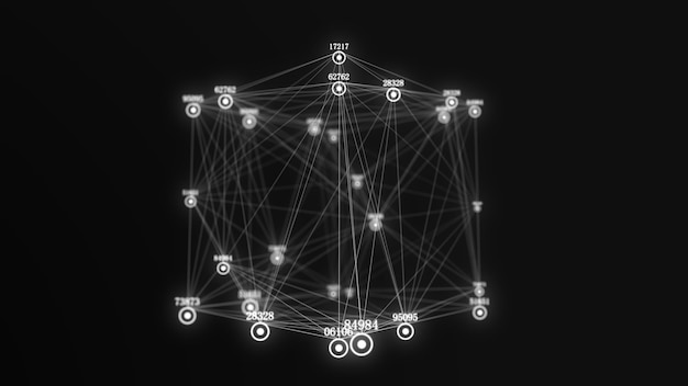 Abstract scifi cube with particle and line with digital indicators Technology network connection on world Global digital connections ai Wireframe cube Blockchain encryption 3D rendering