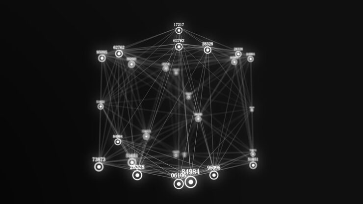 Photo 디지털 표시기가 있는 입자 및 선이 있는 추상 공상과학 큐브 세계의 기술 네트워크 연결 글로벌 디지털 연결 ai 와이어프레임 큐브 블록체인 암호화 3d 렌더링