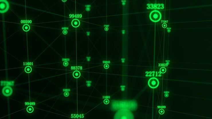 Photo abstract scifi cube with particle and line with digital indicators technology network connection on world global digital connections ai wireframe cube blockchain encryption 3d rendering