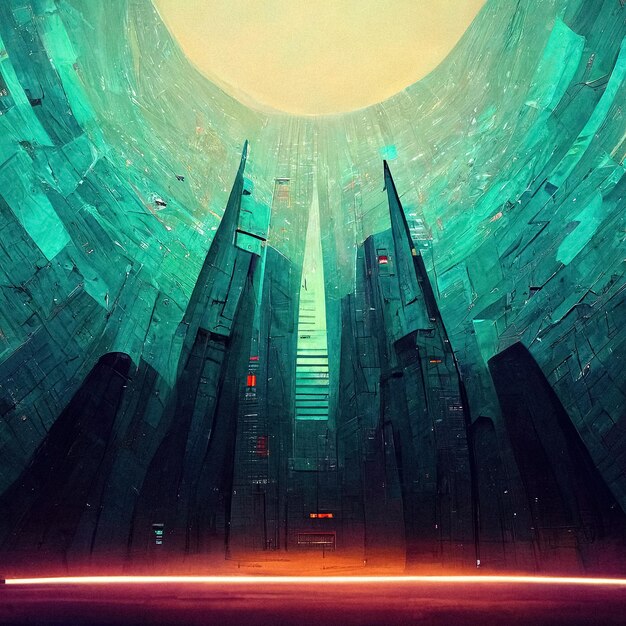 Abstract scifi scene of futuristic world with large gate and wall neon light turquoise and orange colors concept art digital painting illustration of an entrance to a different world design