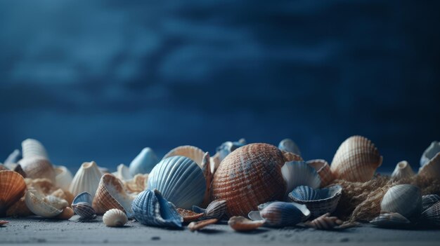 Abstract sea composition seashells and seaweed summer background Al generated