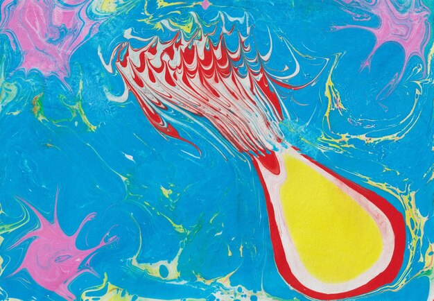 Abstract sea jellyfish acrylic illustration bright blue yellow pink paint spots contemporary art