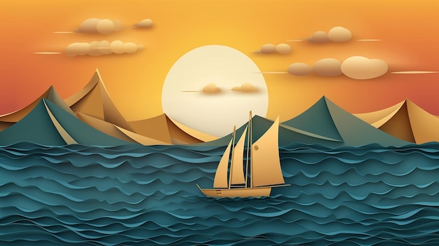 海に浮かぶ帆船を持つ抽象的な海の景色 生成 AI