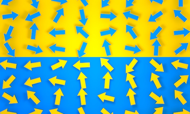 青と黄色の矢印の抽象的なシームレスな混沌としたパターンは、デザインの壁紙の背景を対比します。
