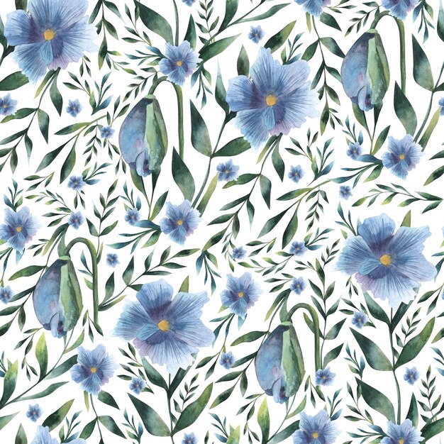 Abstract seamless floral patten green leaves blue purple flowers watercolor illustration hand drawn