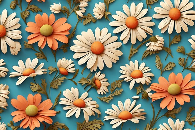 Abstract Seamless floral pattern background with chamomile flowers on blue background