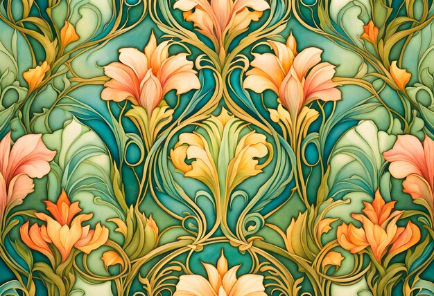 Abstract seamless floral pattern with leaves in a gentle art nouveau style for design