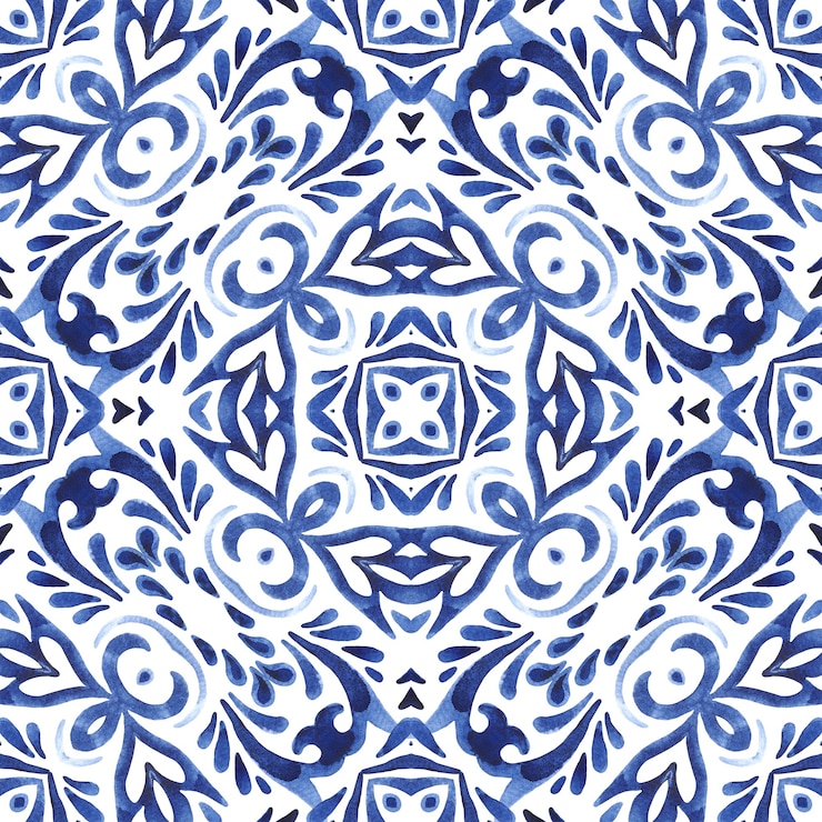 Photo abstract seamless ornamental watercolor damask arabesque paint pattern. portuguese style ceramic tile design