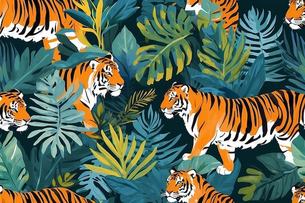 Abstract seamless pattern gouache painting tropical animal spots paint brush strokes exotic tiger lines