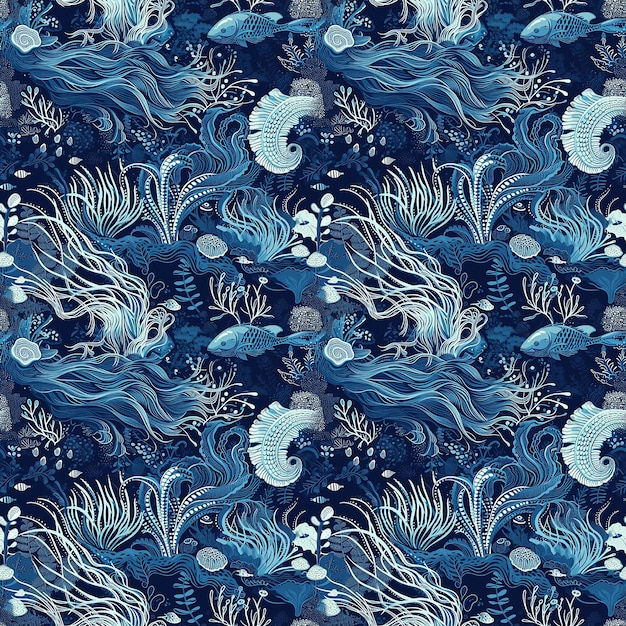 사진 abstract seamless pattern of marine life graceful blue waves fishes and seaweed in the sea