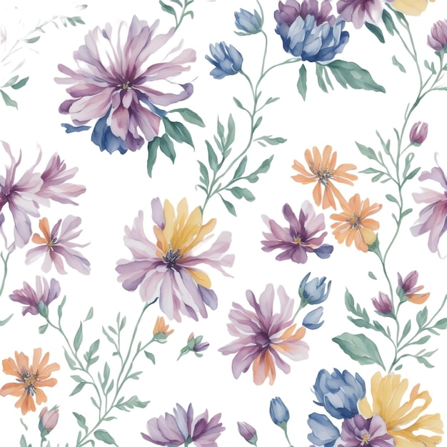 Abstract seamless watercolor background of multicolor vintage wild flowers on white background