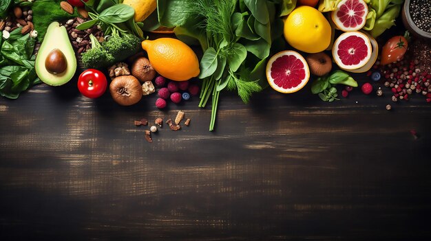 Photo abstract selection of healthy food on rustic wooden background