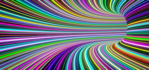 Abstract self-luminous colored  lines move fast in the tunnel. 3d rendering