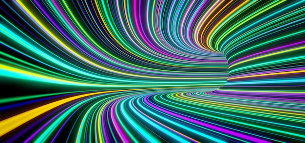 Abstract self-luminous colored  lines move fast in the tunnel. 3d rendering