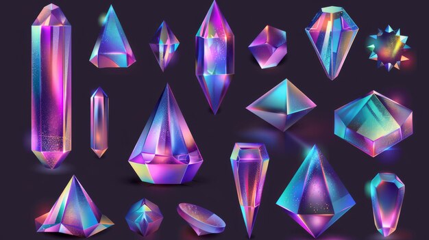 Photo an abstract set of holographic geometric prism elements with neon gradient mesh colors luxury gemstones of various forms multicolored jewelry