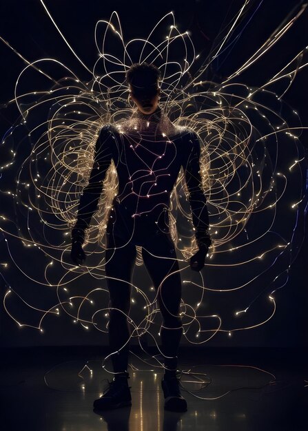 Foto una forma di danza astratta di figura umana ombrosa composta da fili e stringhe di luci