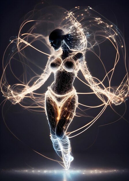 Photo an abstract shadowy human figure dancing form made up of wires and string lights