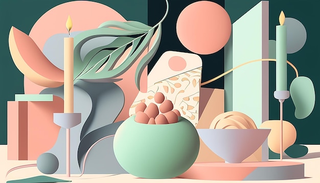 Abstract shapes decorate vase with fresh fruit generated by AI