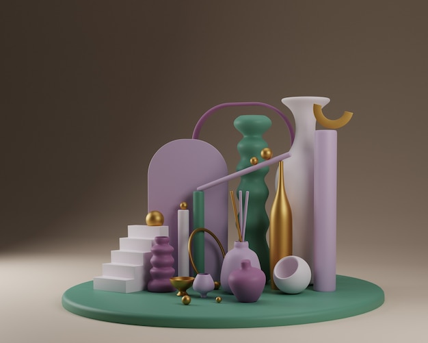 Abstract shapes and vases colorful composition in green with gold. 3d render illustration