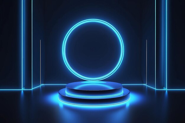 Photo abstract shiny blue cylinder pedestal podium scifi blue abstract room concept with circle glowing neon lighting vector rendering 3d shape product display presentation futuristic wall scene