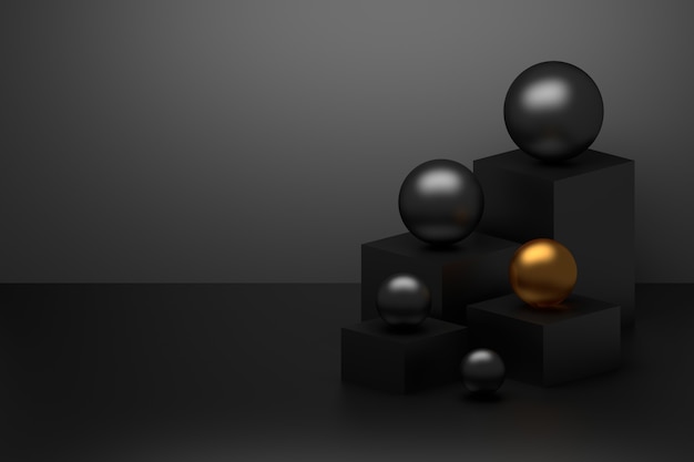 Abstract simple composition with cubes pedestals and black glossy spheres with golden one