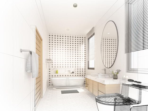 Abstract sketch design of interior bathroom 3d rendering