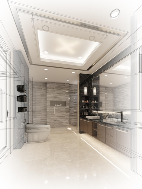 Abstract sketch design of interior bathroom 3d rendering