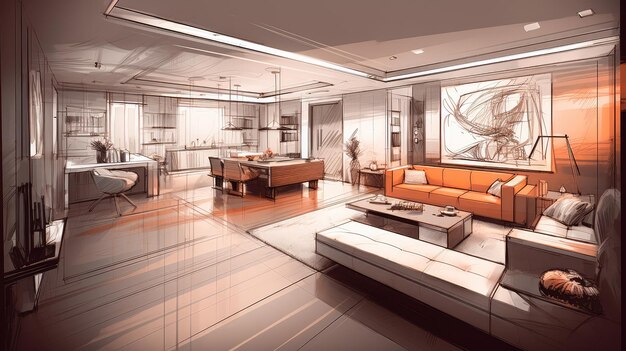 Abstract sketch design of interior living Generative AI