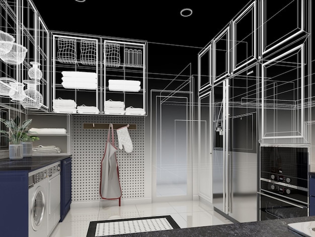 Абстрактный эскиз дизайна кухонной комнаты 3d-рендеринга