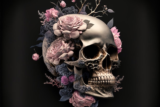 Abstract skull with pink rosesDigital art