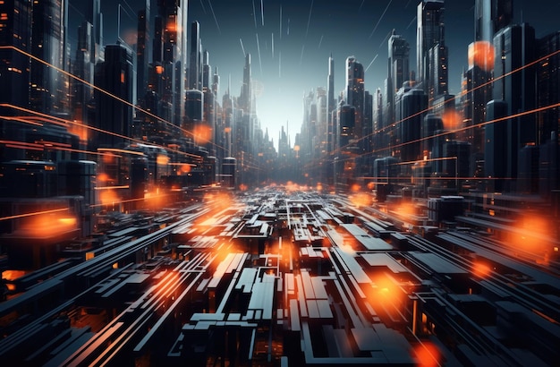 Abstract skyline at night in the future with light line created by generative AI technology