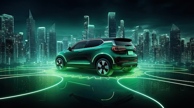 Abstract small electric car EV style on modern city technology concept