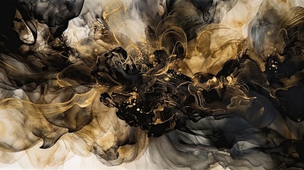 Abstract Smoke in Black and Gold Glitter on Watercolor Background