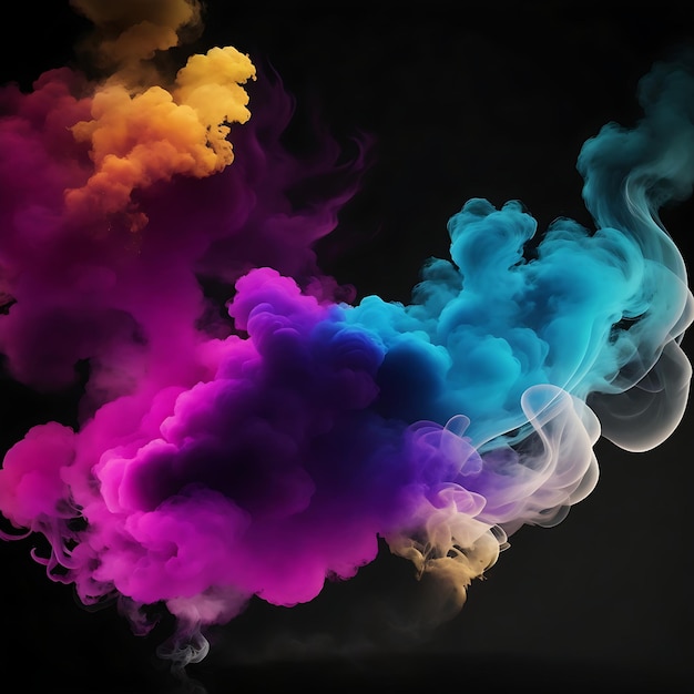검은 바탕에 분리된 추상적인 연기가 인공지능에 의해 생성된 다채로운 연기 구름입니다.