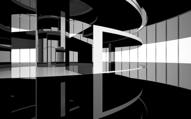 Abstract smooth architectural white and black gloss interior of a minimalist house with large window