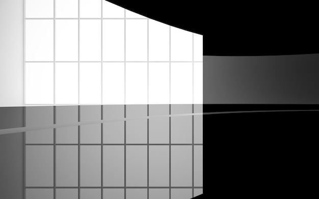 Абстрактный гладкий архитектурный белый и черный глянцевый интерьер минималистского дома с большим окном
