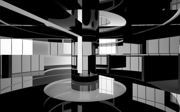 Abstract smooth architectural white and black gloss interior of a minimalist house with large window