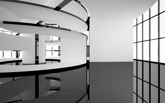 Abstract smooth architectural white and black gloss interior of a minimalist house with large window