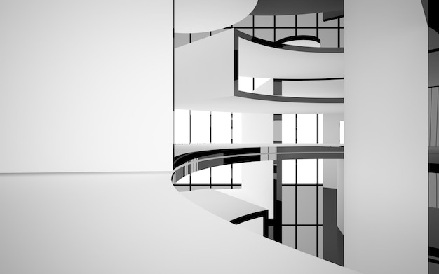 큰 창문이 있는 미니멀리스트 주택의 추상적이고 매끄러운 건축학적 흰색 및 검은색 광택 인테리어