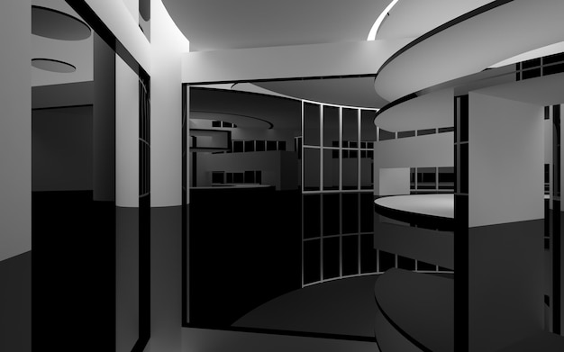 Abstract smooth architectural white and black gloss interior of a minimalist house with large window