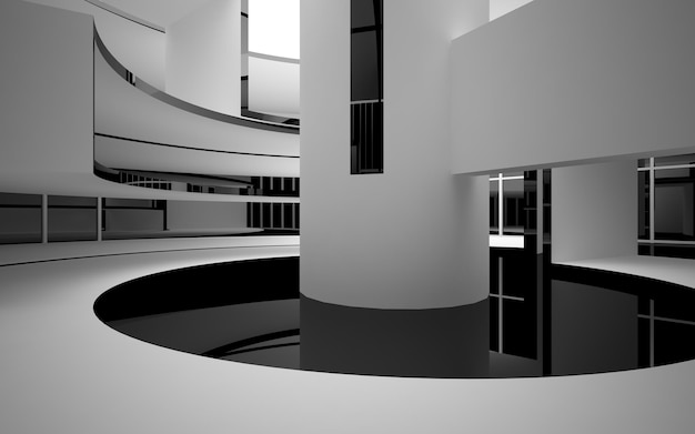 Abstract smooth architectural white and black gloss interior of a minimalist house with large window