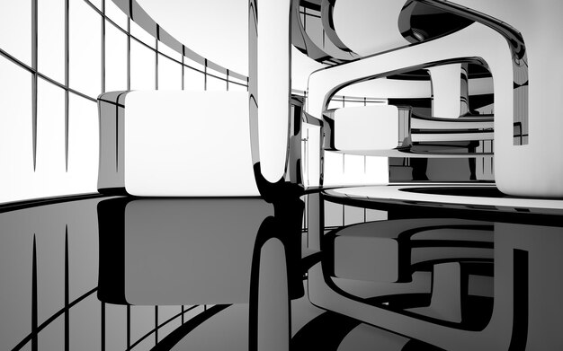 Abstract smooth architectural white and black gloss interior of a minimalist house with large window