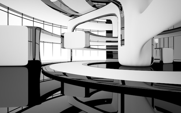 Photo abstract smooth architectural white and black gloss interior of a minimalist house with large window