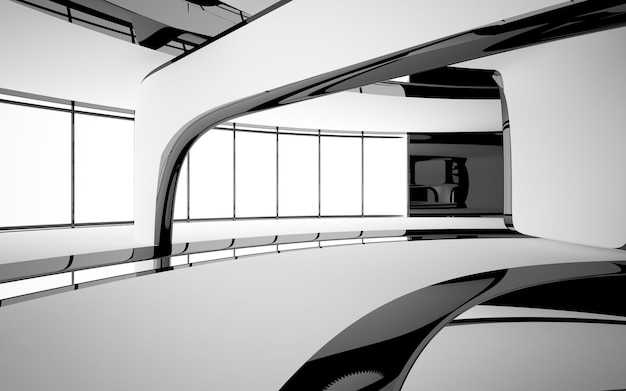 Abstract smooth architectural white and black gloss interior of a minimalist house with large window