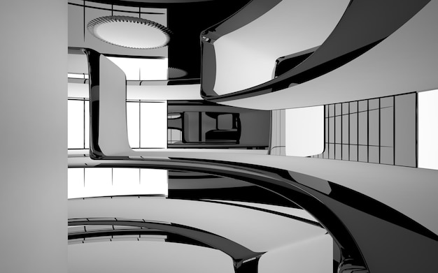 Abstract smooth architectural white and black gloss interior of a minimalist house with large window