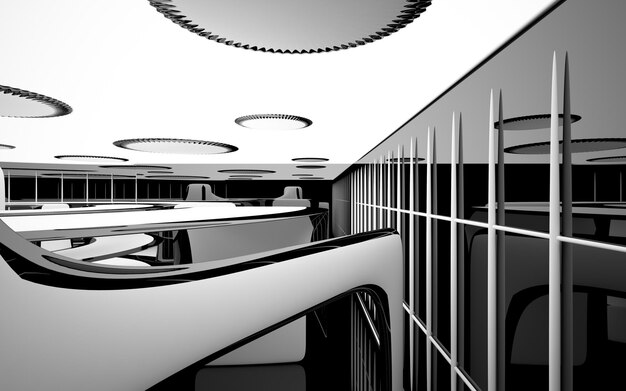 Photo abstract smooth architectural white and black gloss interior of a minimalist house with large window